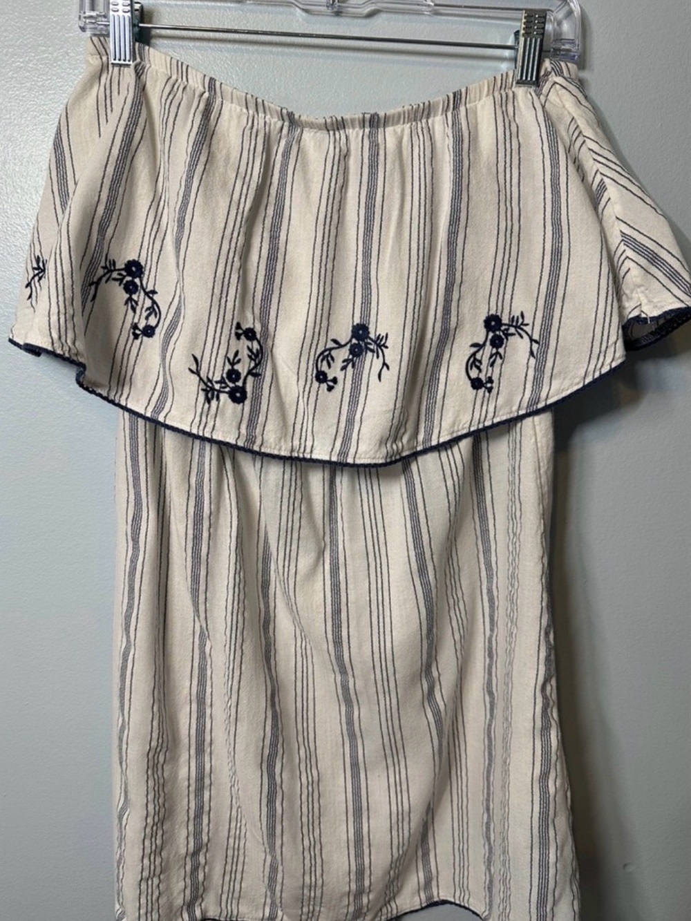 Express Off-Shoulder Striped Mini Dress in Cream and Navy
